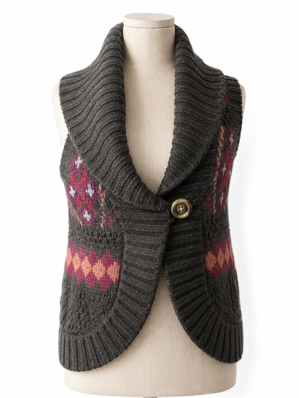 Abercrombie & Fitch Fair Isle Chunky Sweater Vest Small Shawl Collar Y2K Boho